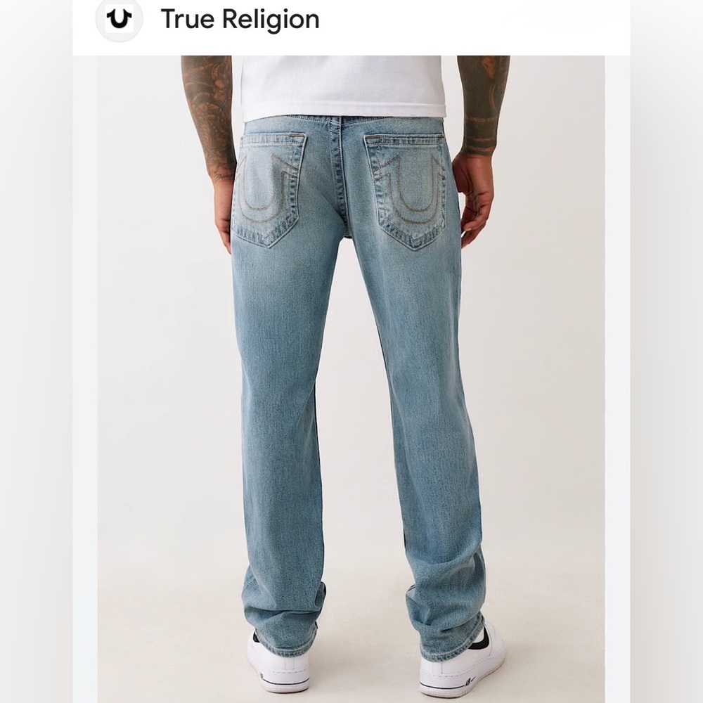 True Religion Vintage Geno Slim Fit Jeans in Blue/White Bleach Wash size 38x35